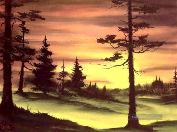 Evergreen bei Sonnenuntergang Stil von Bob Ross Ölgemälde